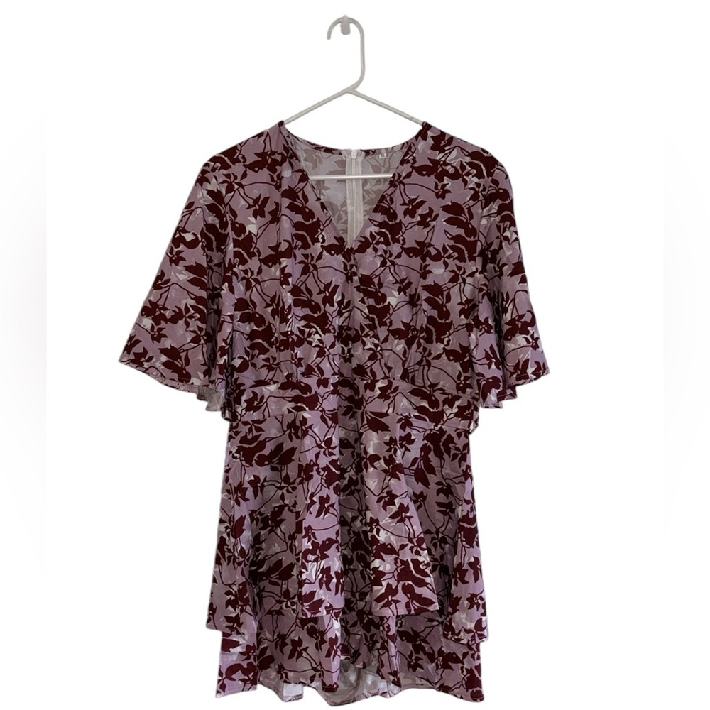28. Floral V Neck Short Sleeve Waist Tie Double Layer Ruffle Hem Romper In XL - Picture 2 of 9